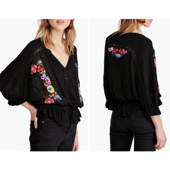 Free People Serafina Boho Embroidered Crochet Black Colorful Top Medium - Picture 5 of 9